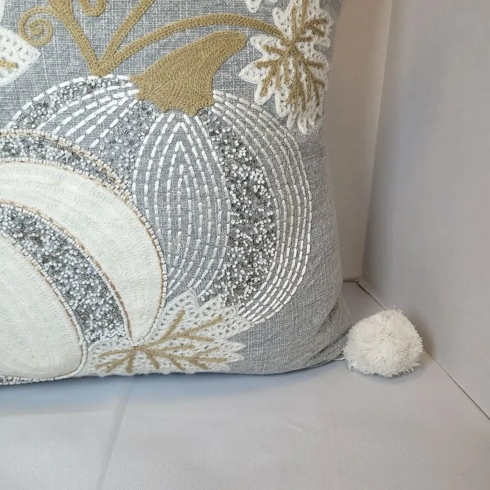 Magaschoni Home Pumpkin Fall Harvest Gray Throw Pillow County Chic Beaded 17